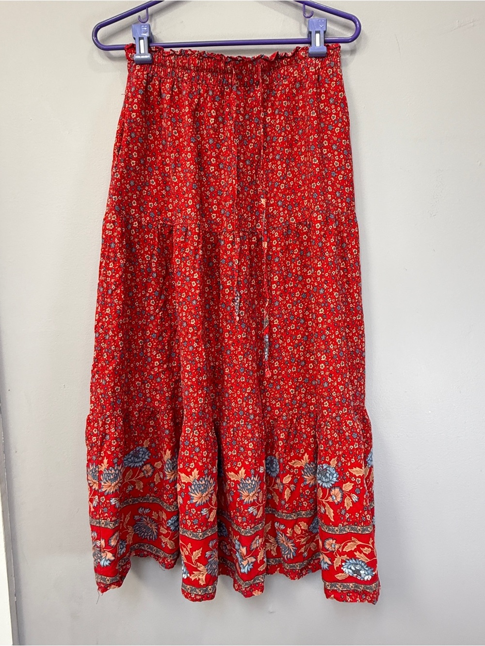 Boho Red Floral Maxi Skirt with Tiered Hem